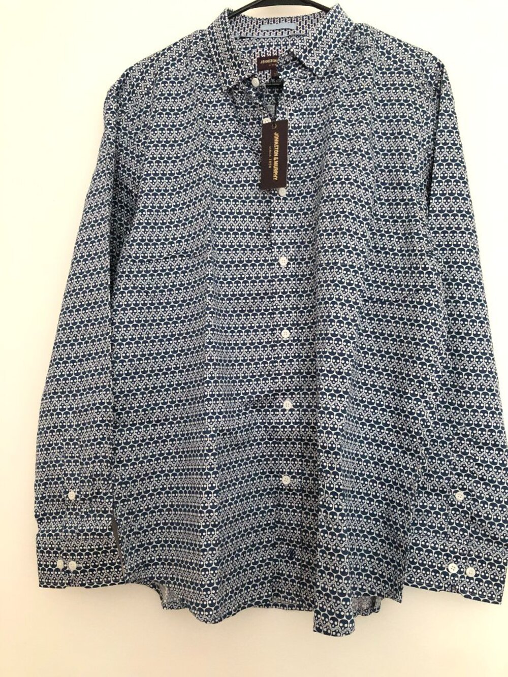 NWT Johnston & Murphy Skull & Bones Button Up Shirt Navy Long Sleeve Size L